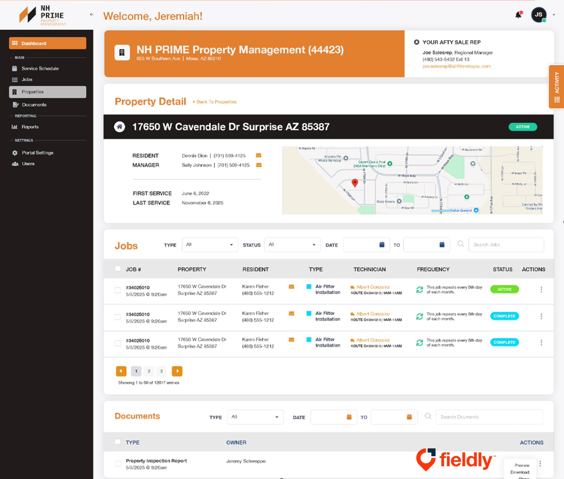 Fieldly branded client portal — property management dashboard with jobs, documents, and service rep info.