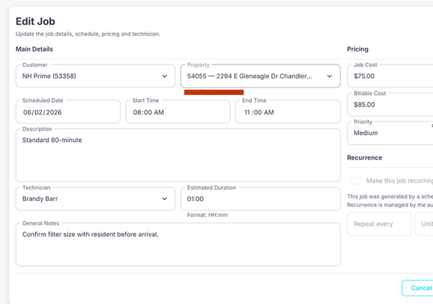Fieldly job order management — edit job details, pricing, scheduling, and technician assignment.