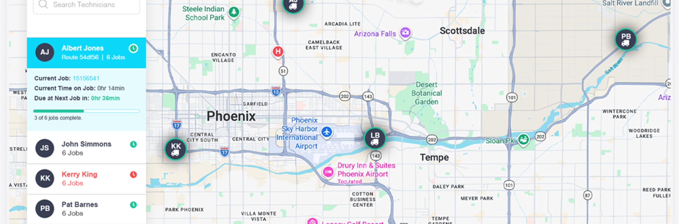 Real-time technician tracking across a city map.