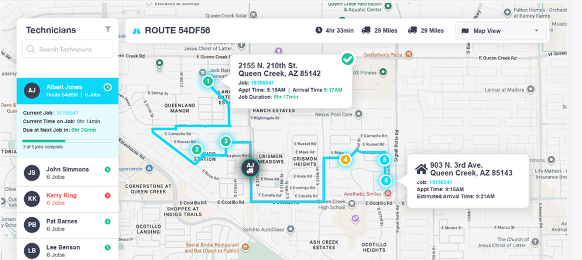 Fieldly routing and mapping view with optimized routes across technicians.