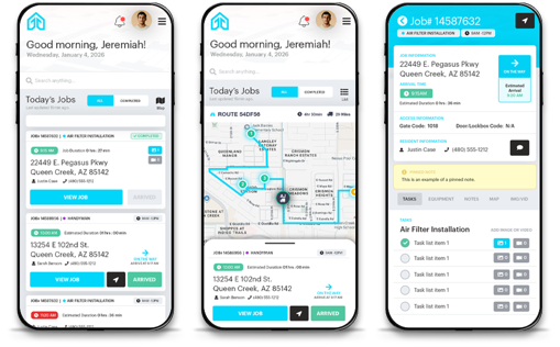 Fieldly technician mobile app — daily job list, route map, and job detail screens.